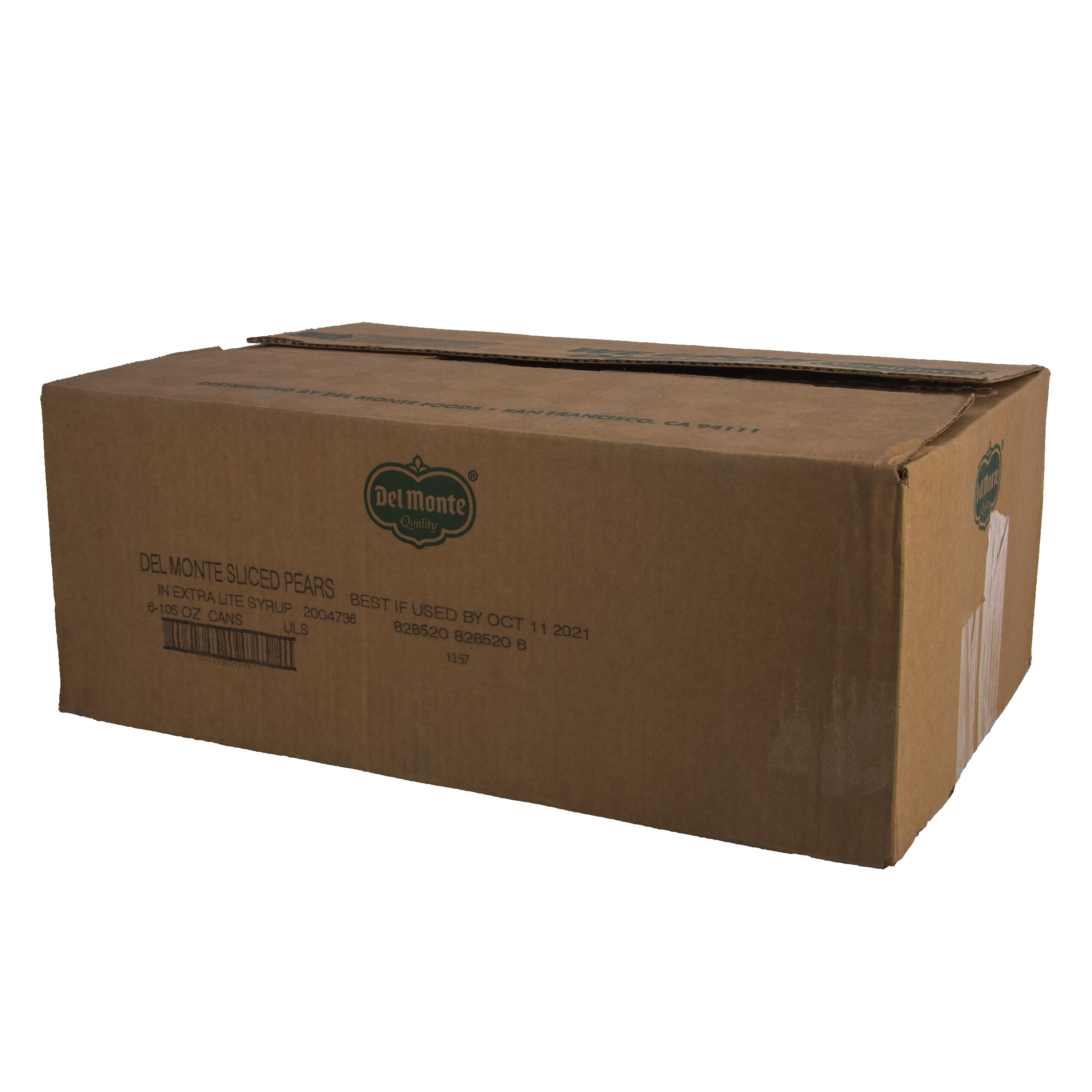 Closed case of #10 105oz cans of Del Monte Sliced Pears in Extra Light Syrup for Foodservice