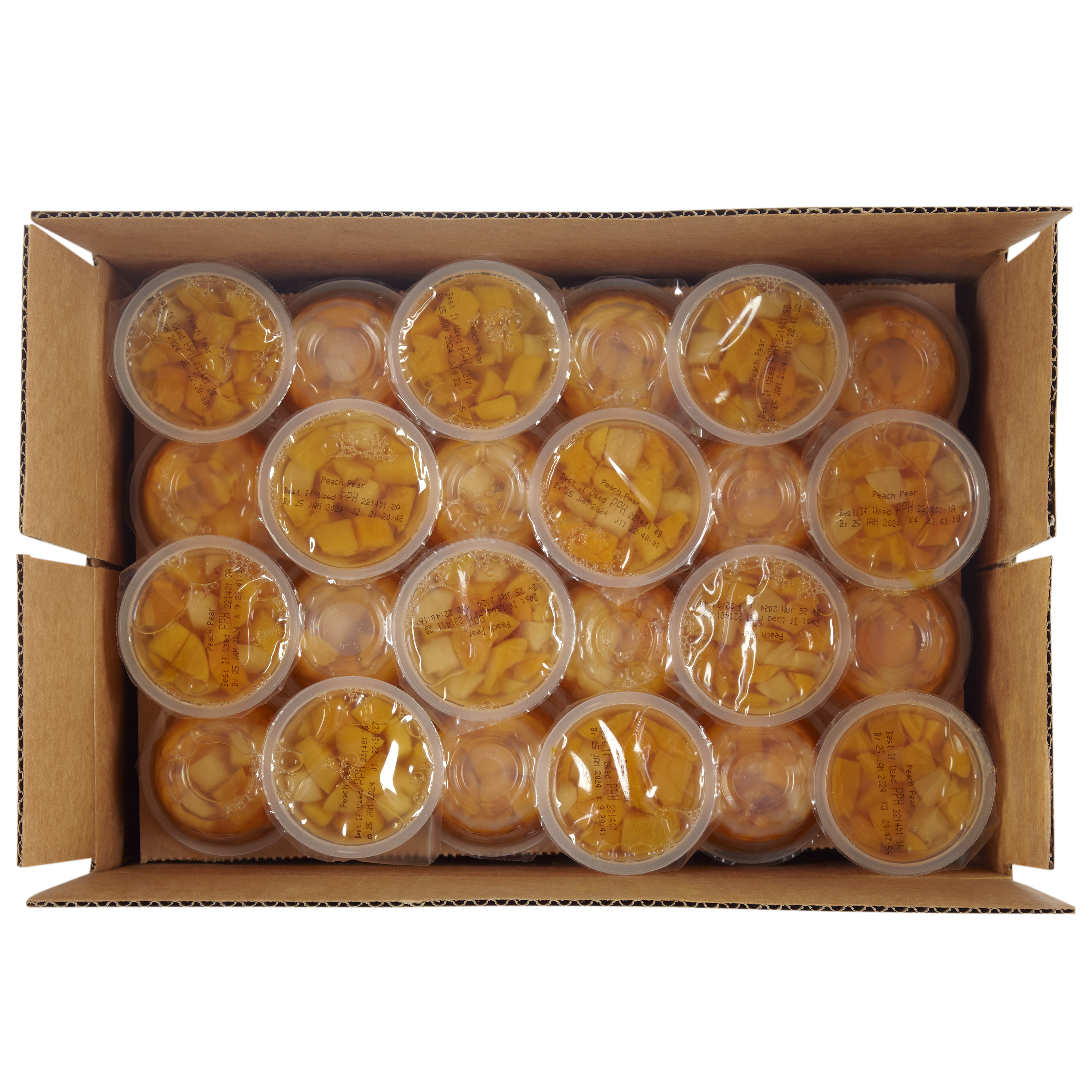 Open case of Del Monte California Mixed Fruit 4oz fruit cups for foodservice