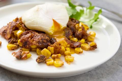 Del Monte Corn and Black Bean Hash topped with a poached egg